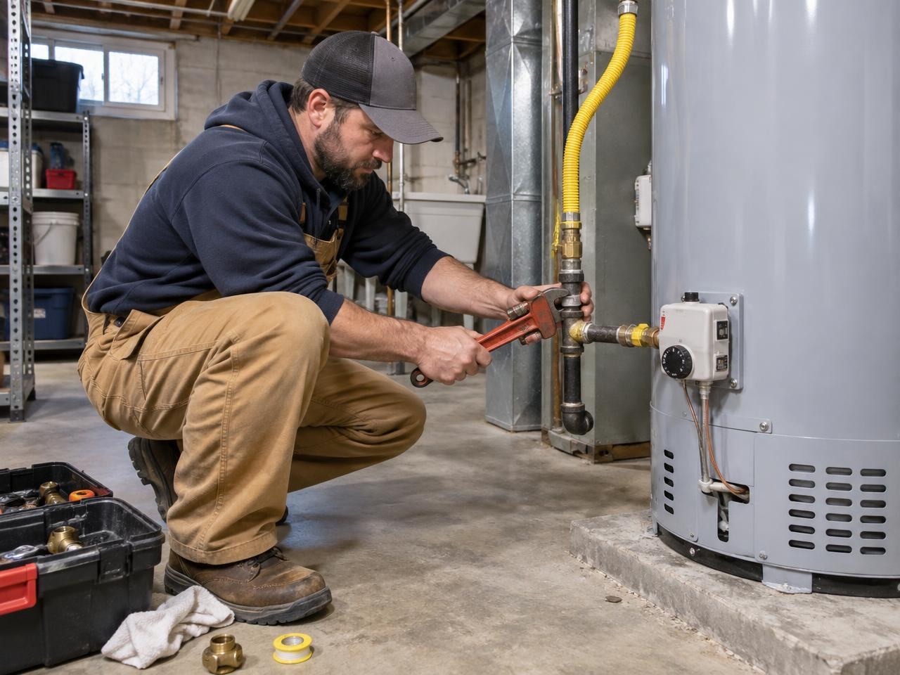 Bennett Baritell, owner and founder of CNY Hot Water Experts, servicing a water heater