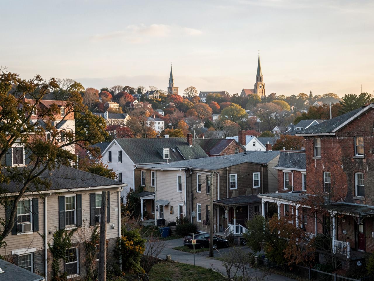 Hillside homes and church steeples in Utica, NY