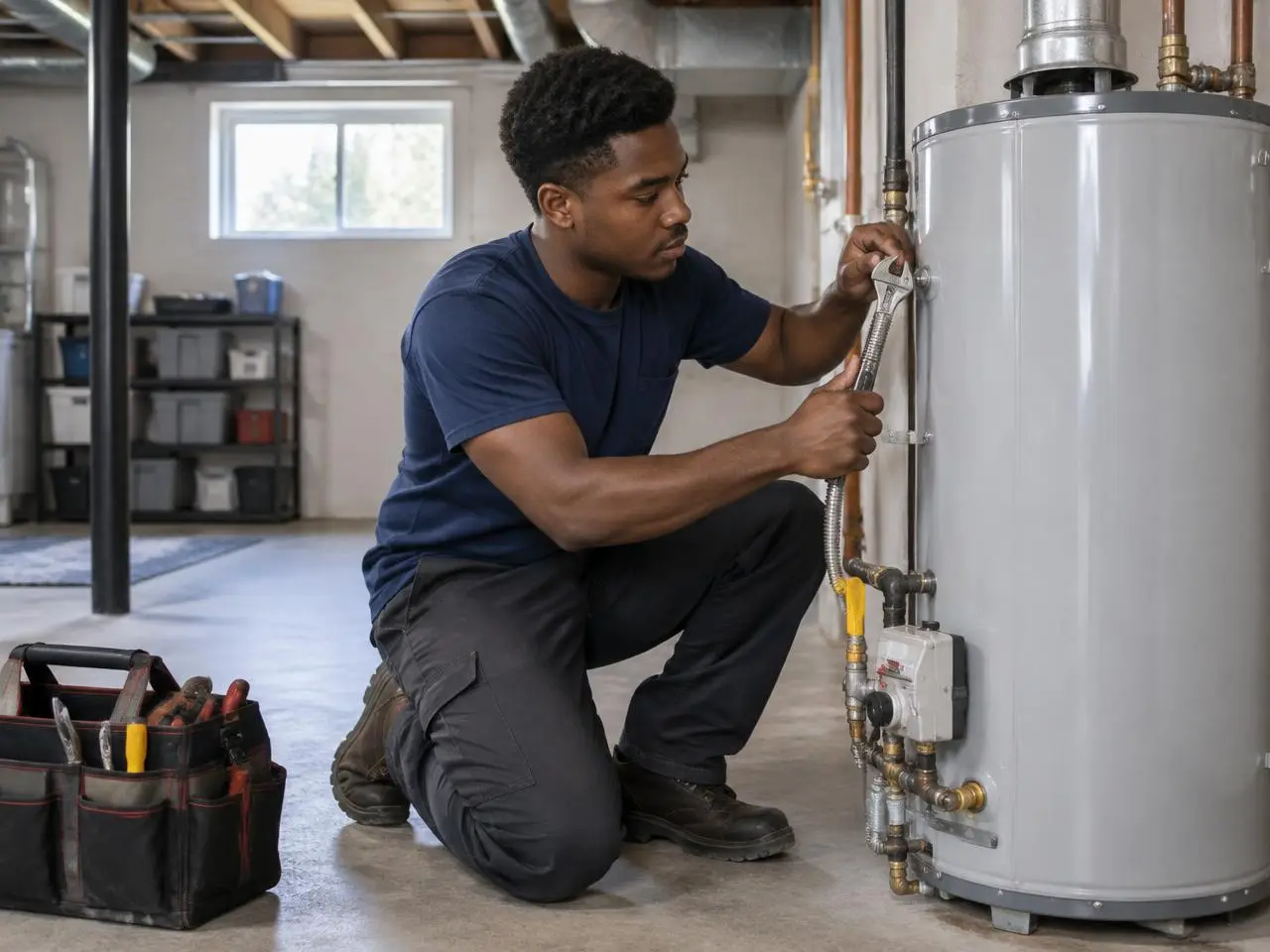 Residential water heater in a basement utility room