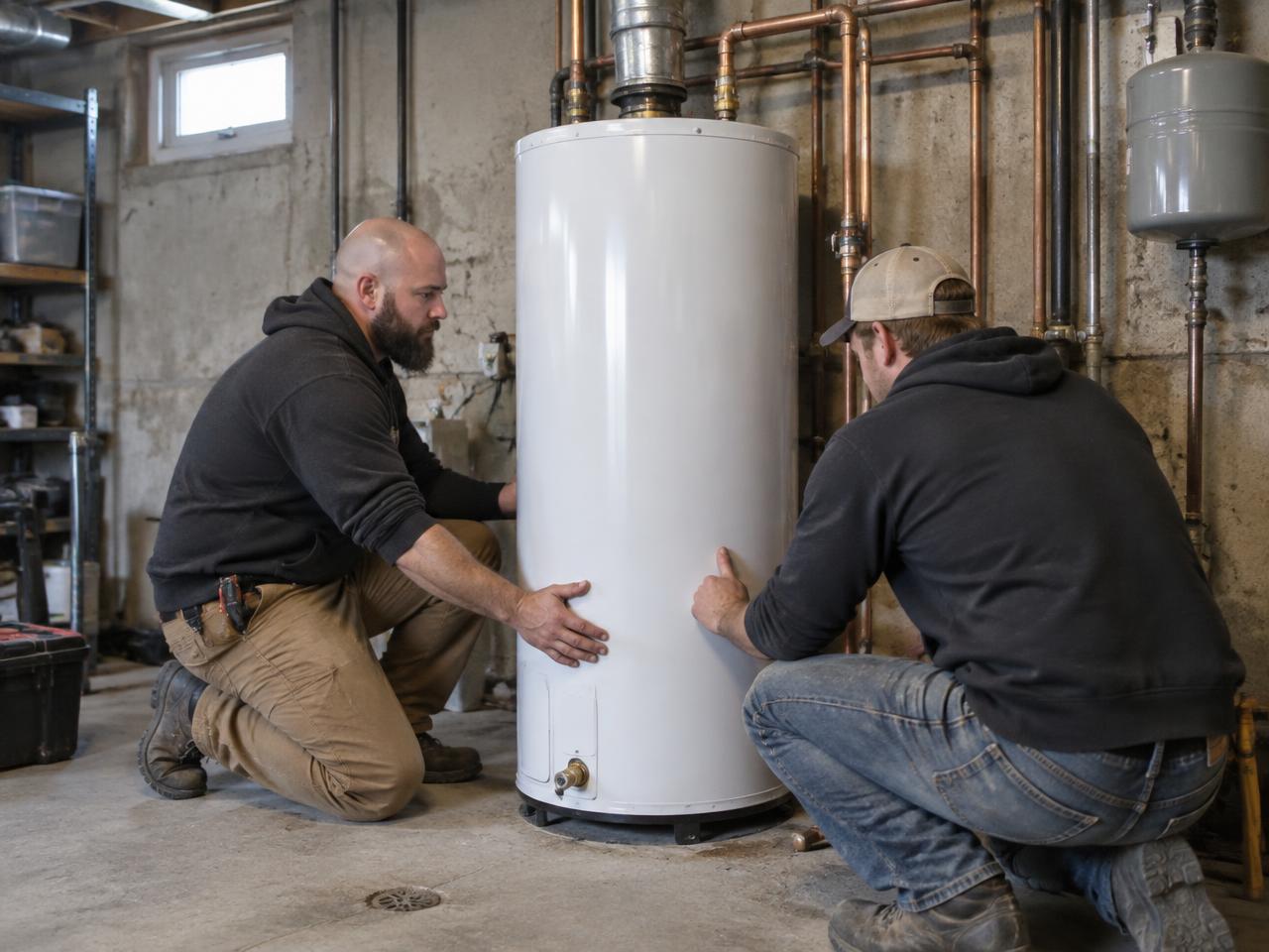 Technicians positioning a residential water heater in a utility room