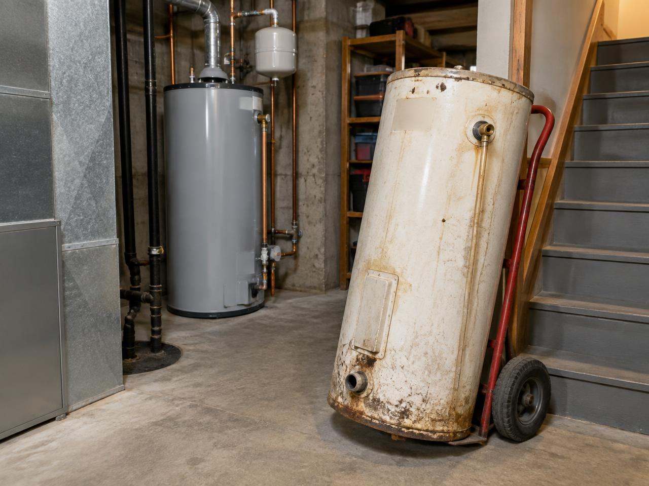 Gas water heater with drain pan and pipe connections