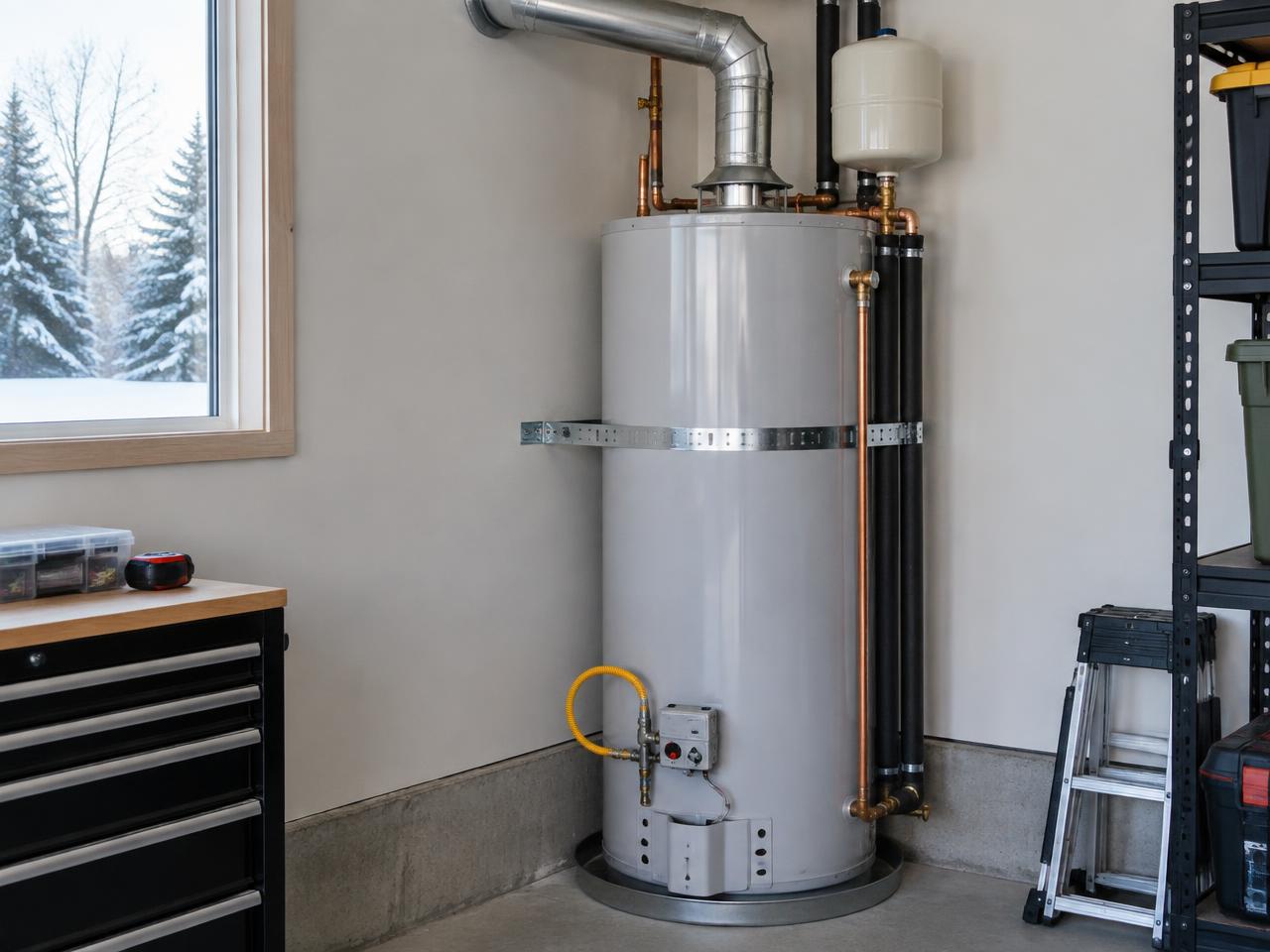 Water heater with connections in a laundry room