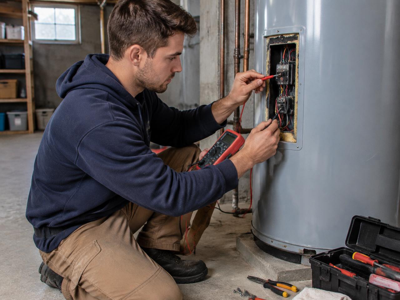 Technician checking a residential water heater