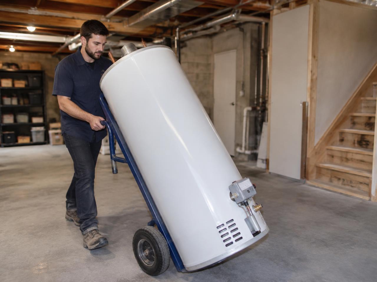 Residential storage tank water heater in a basement