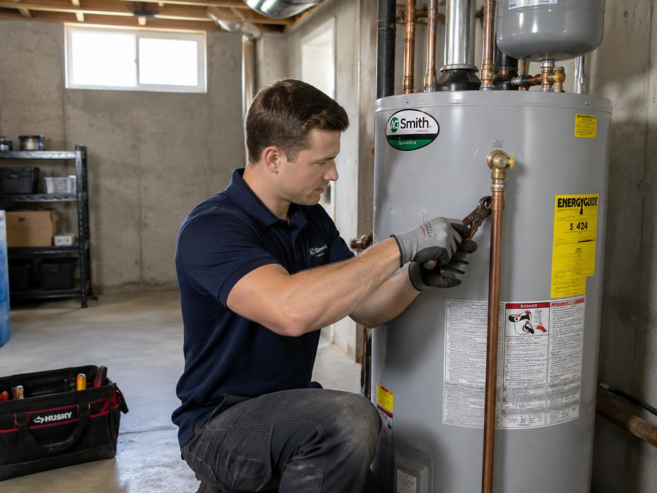Technician inspecting a residential water heater