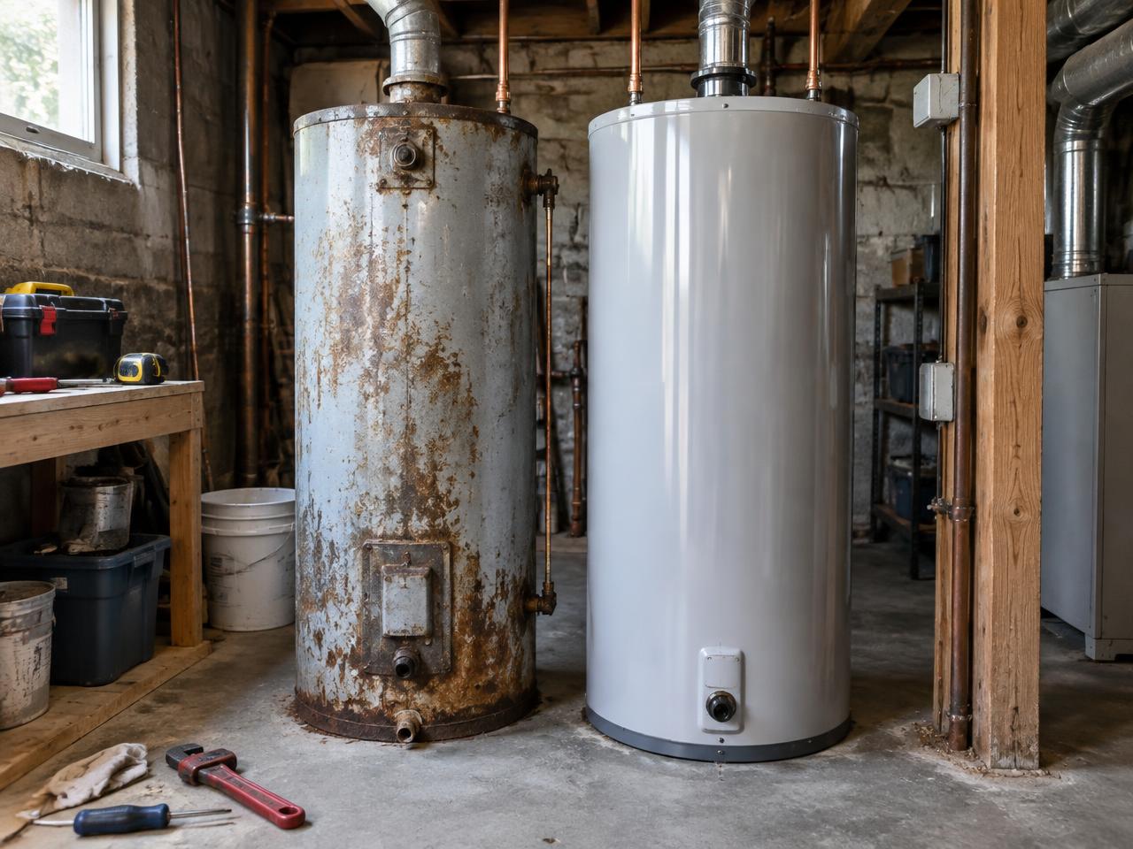 New gas water heater installation with drain pan in Auburn, NY