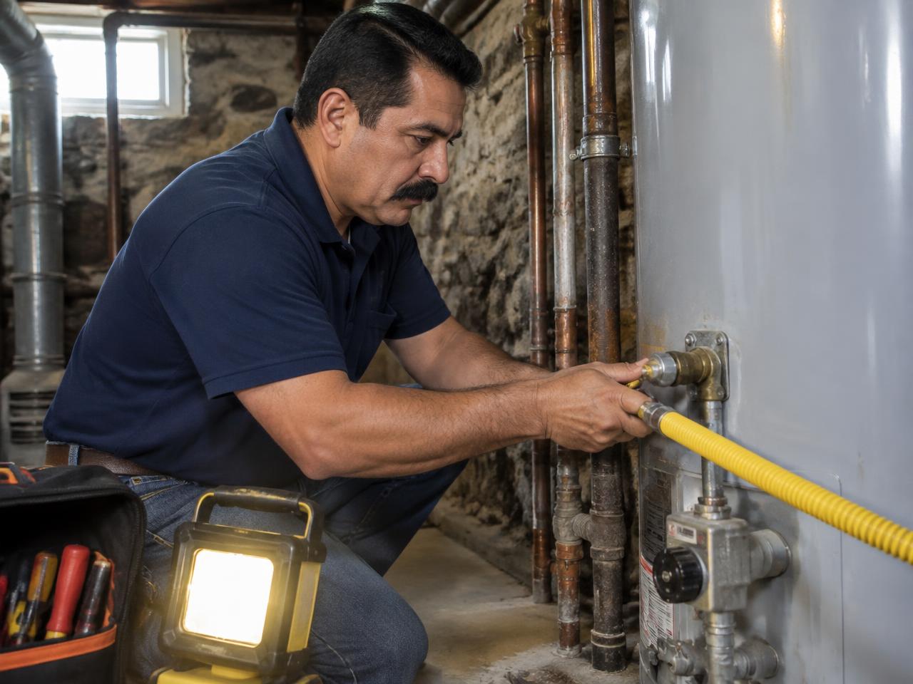 Technician connecting a gas flex line in an older Auburn stone basement
