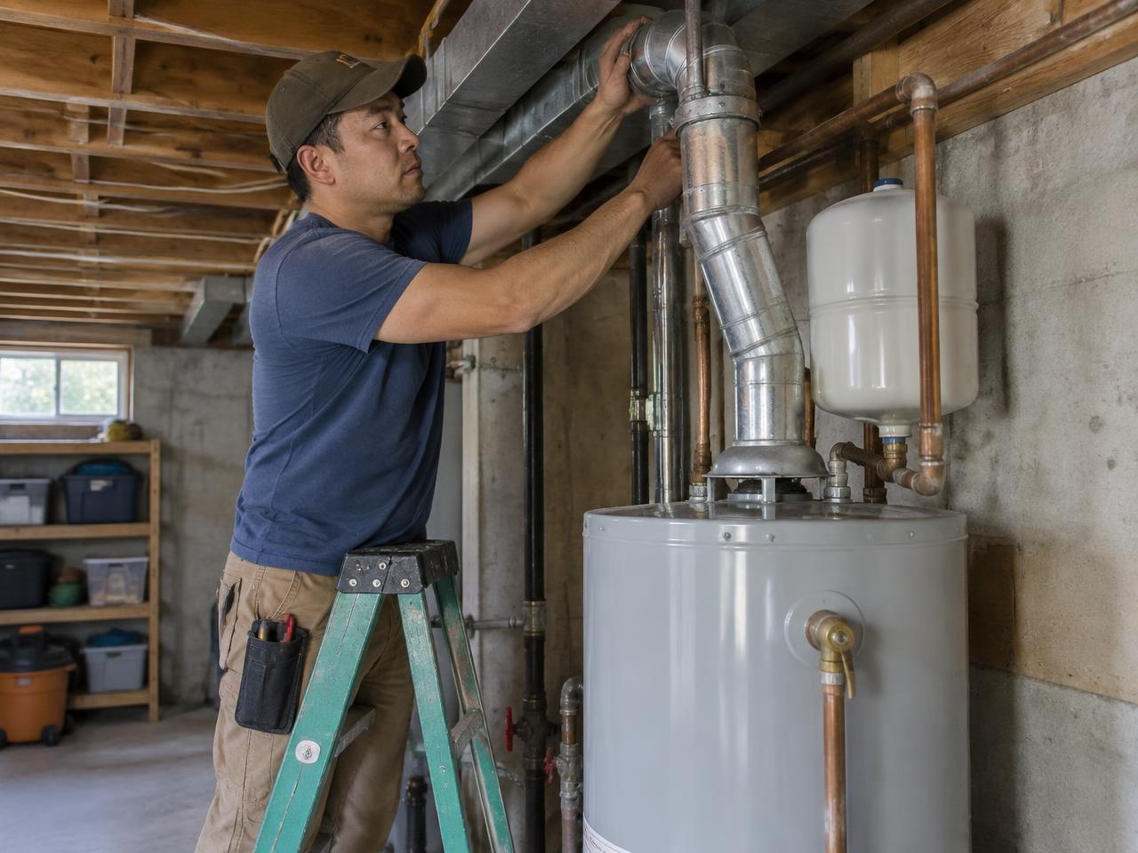 Technician inspecting the flue vent above a new water heater in an Auburn farmhouse