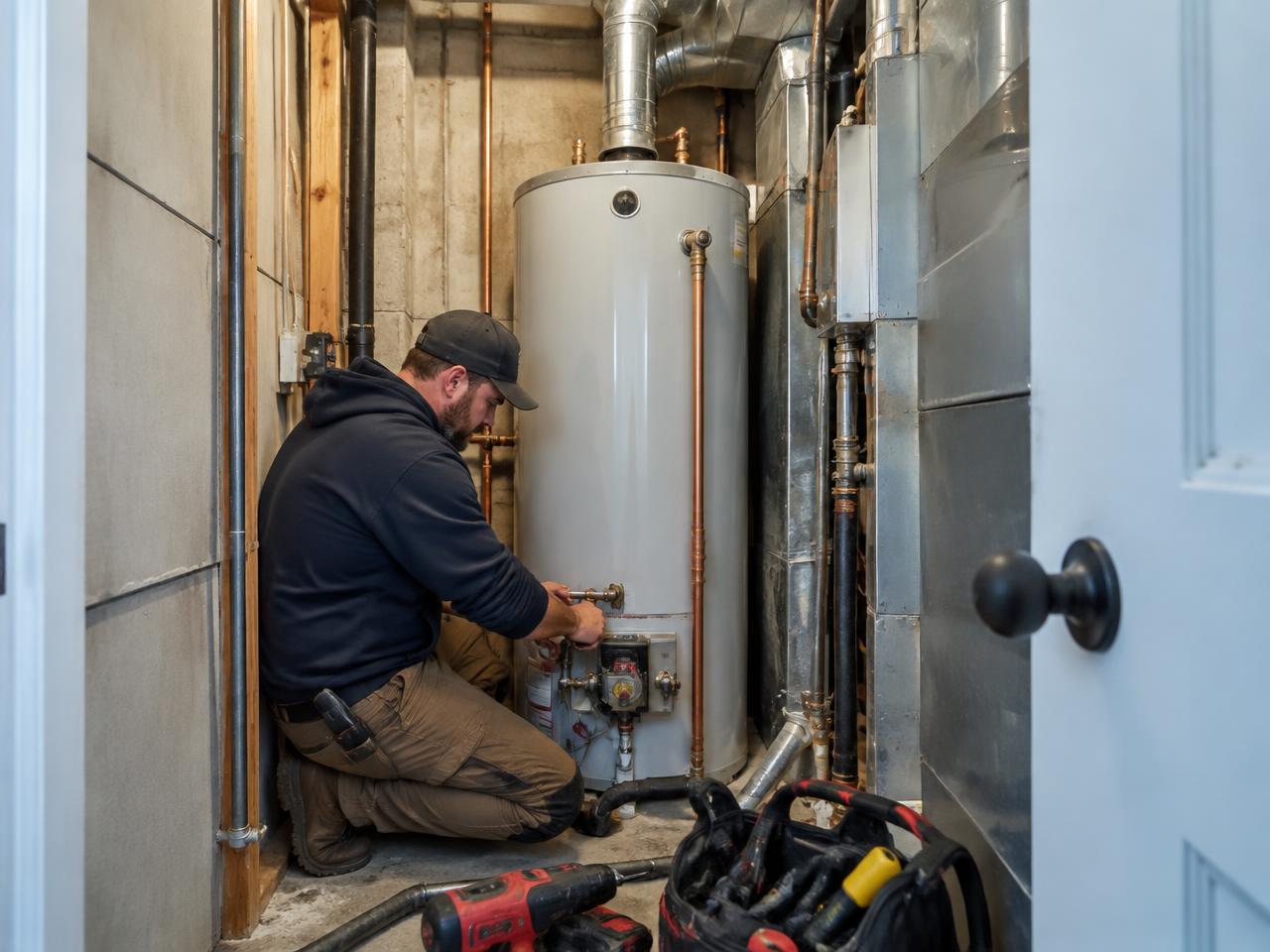 Two water heaters installed side by side in a clean Auburn basement