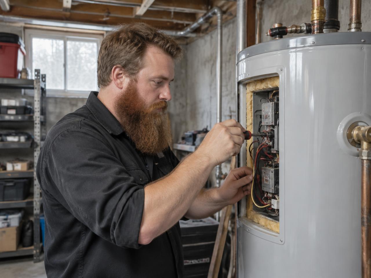 Technician replacing a heating element on an electric water heater in Cortland