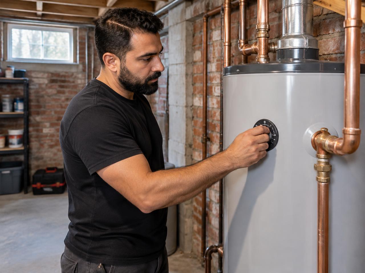 Technician installing a thermal expansion tank above a water heater in Cortland