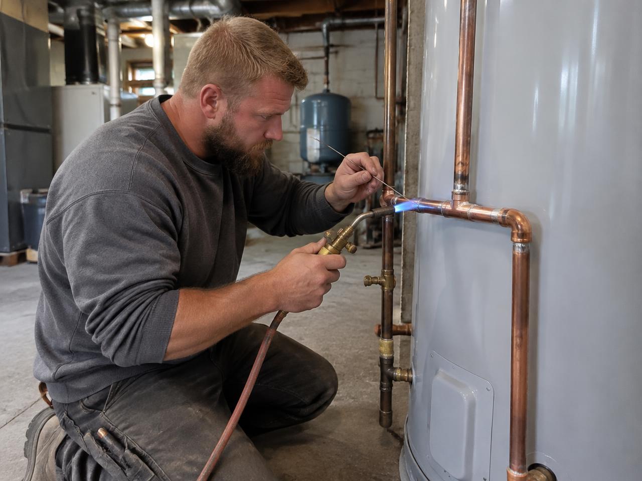 Technician tightening supply lines on a new 50-gallon gas water heater in a Syracuse basement