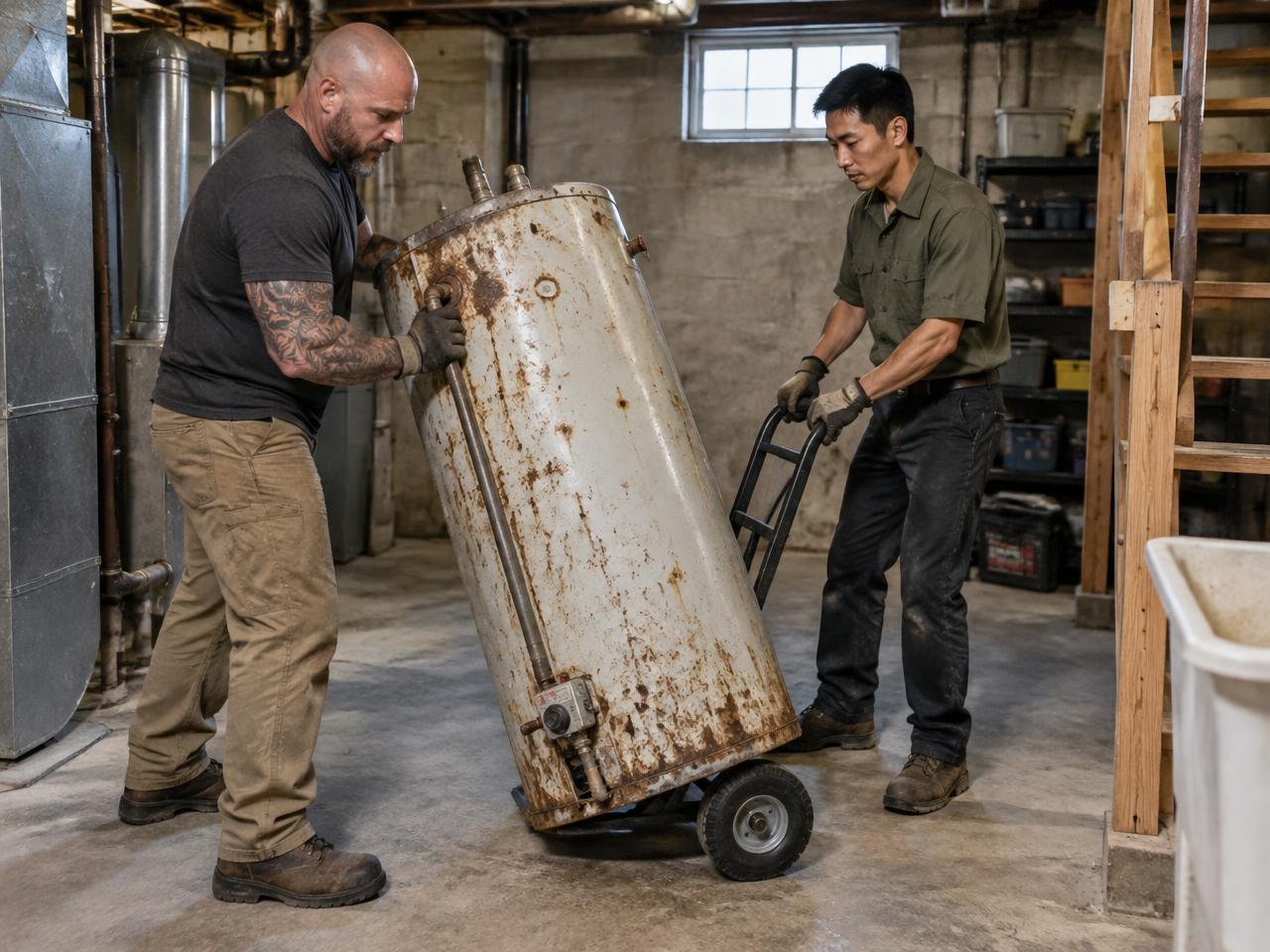Two technicians carrying a rusted water heater up basement stairs in Syracuse