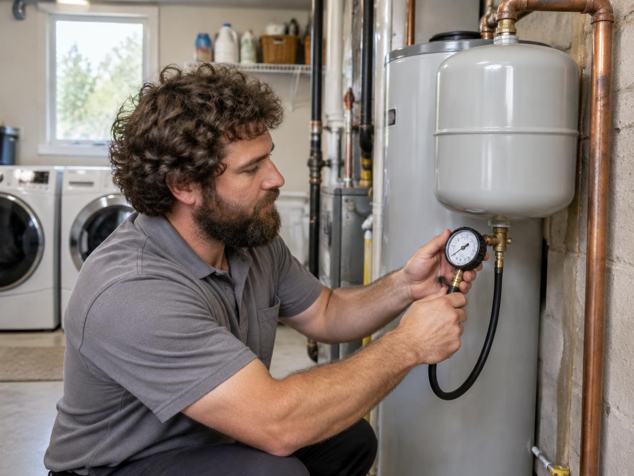 Technician testing an electric water heater thermostat in a Syracuse laundry room
