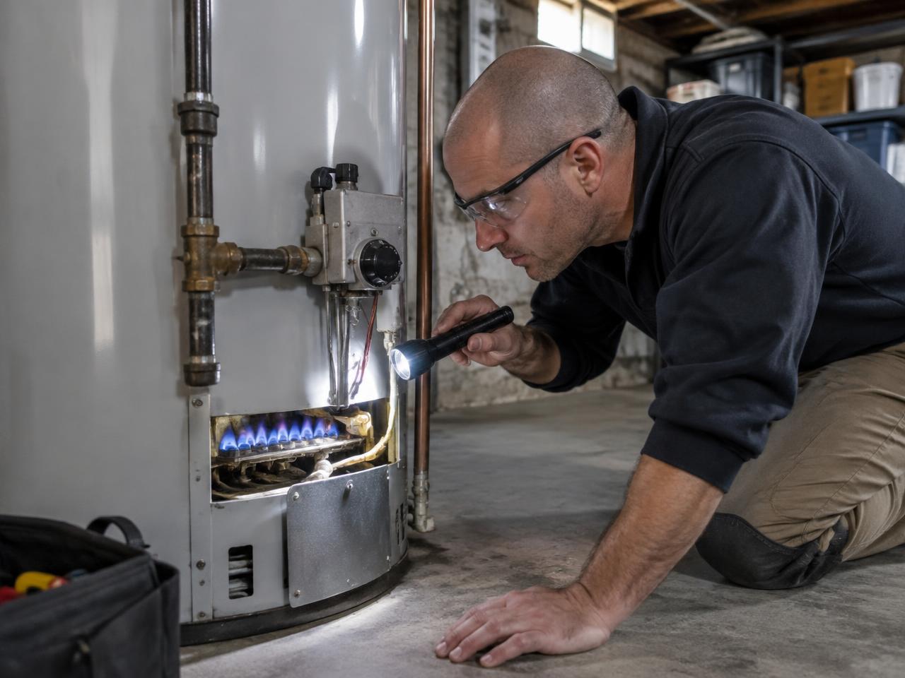 Technician checking a gas water heater burner assembly with a flashlight in Utica