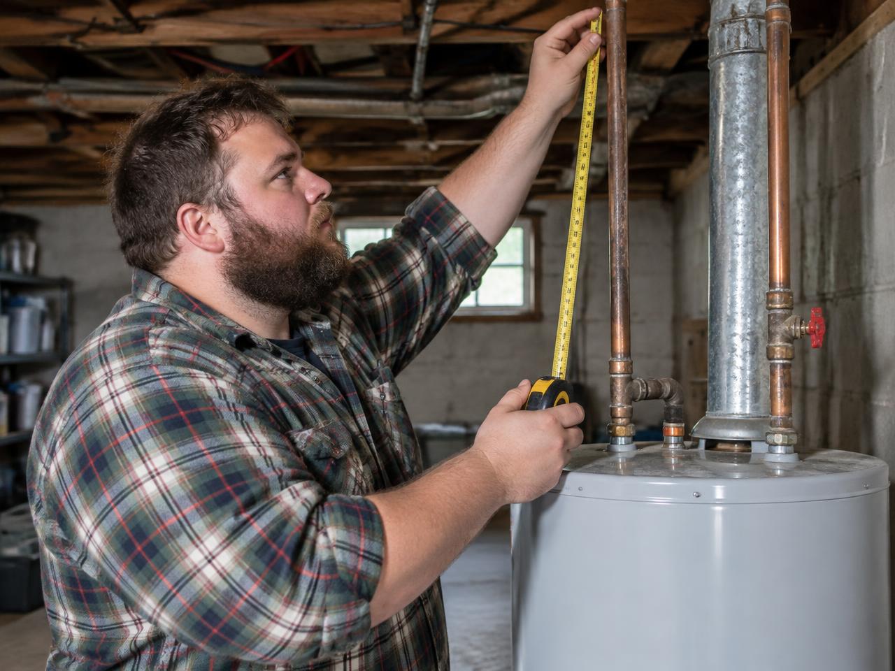 Technician measuring clearances beside a water heater in a tight Utica basement closet
