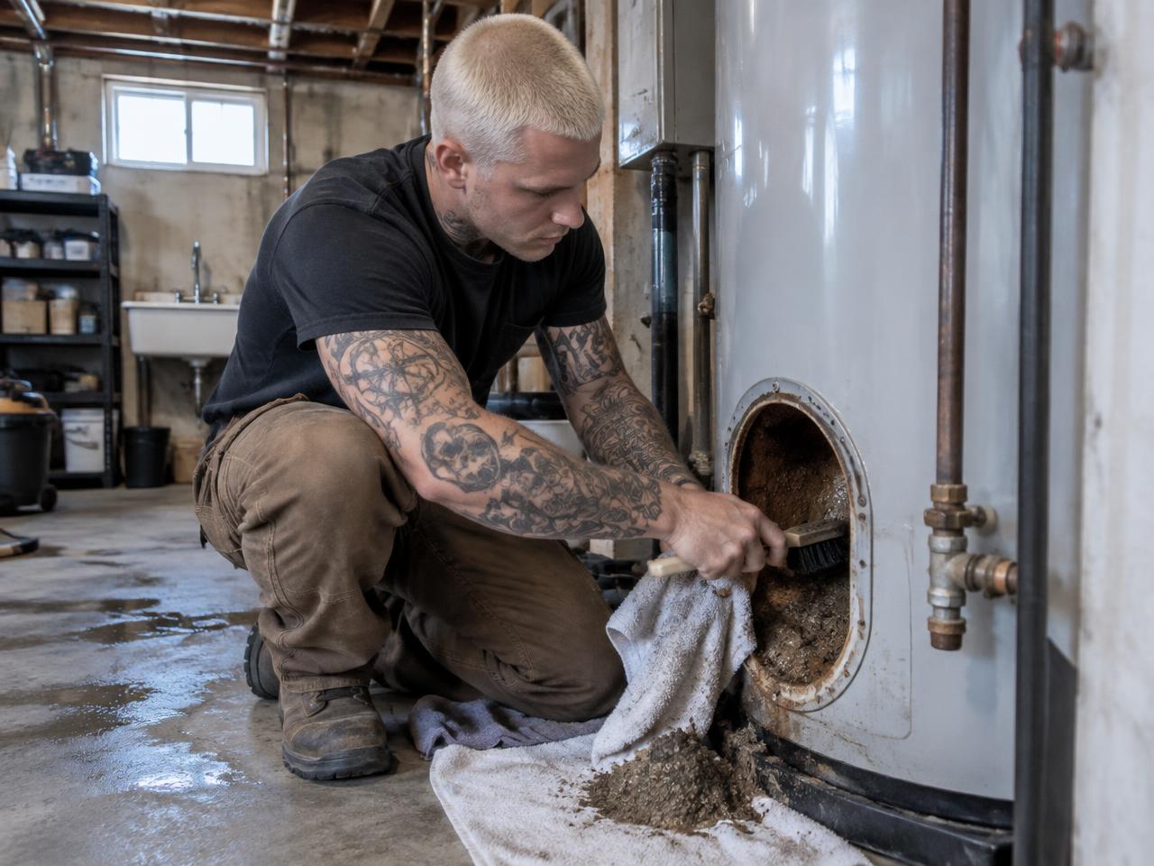 Technician cleaning up water around a leaking failed water heater in a Watertown basement