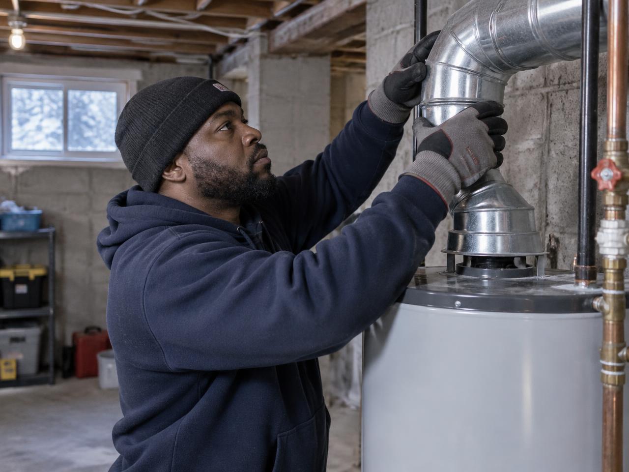 Technician insulating hot water pipes above a new heater in a cold Watertown basement