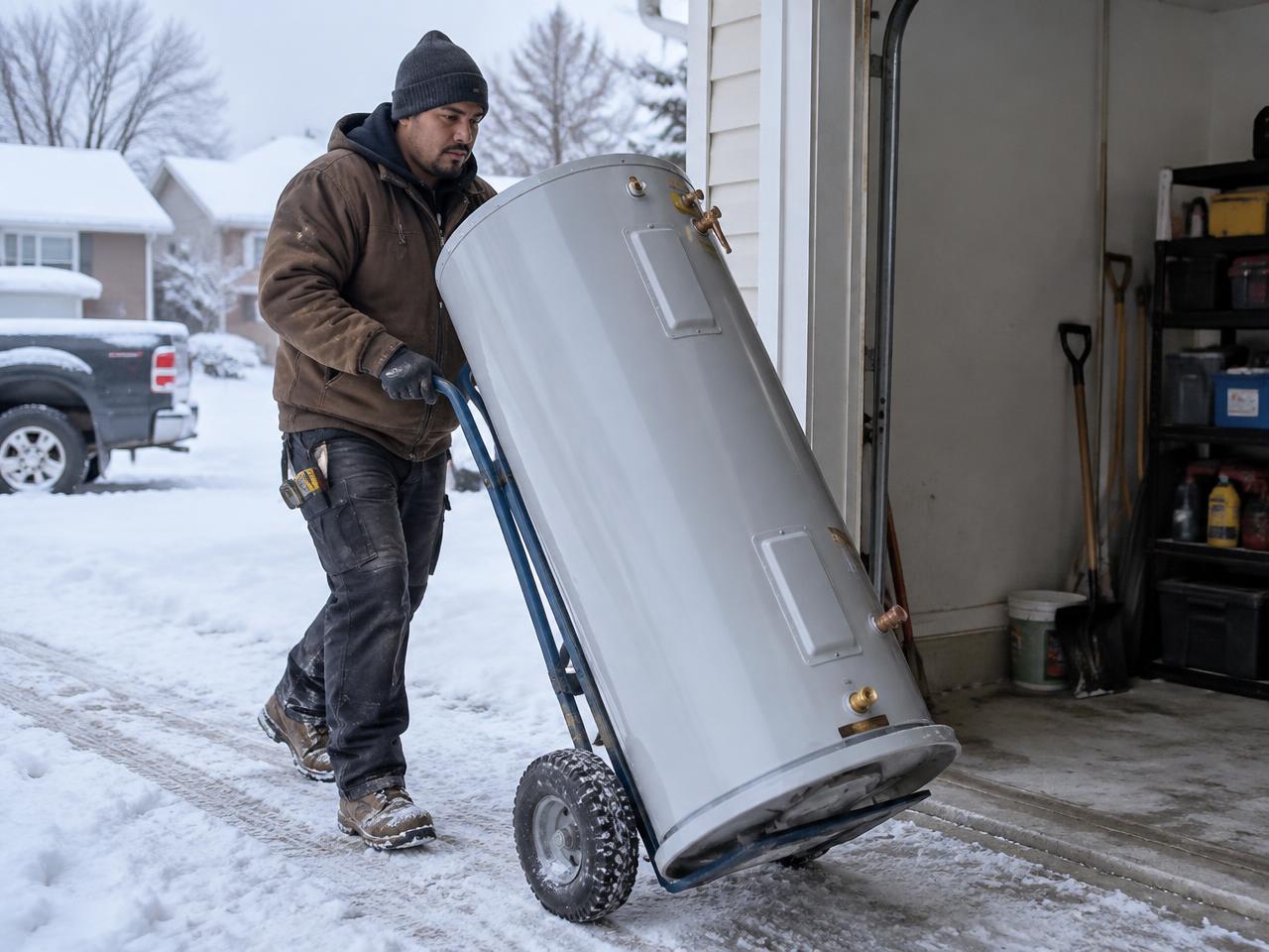 Technician wheeling a new water heater through a snowy Watertown driveway