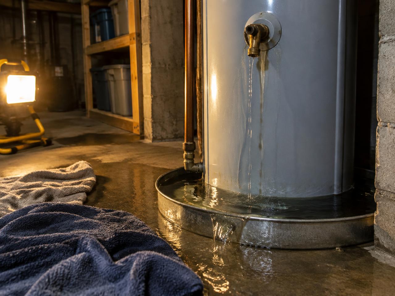 Emergency water heater service call at a Central New York home in the evening