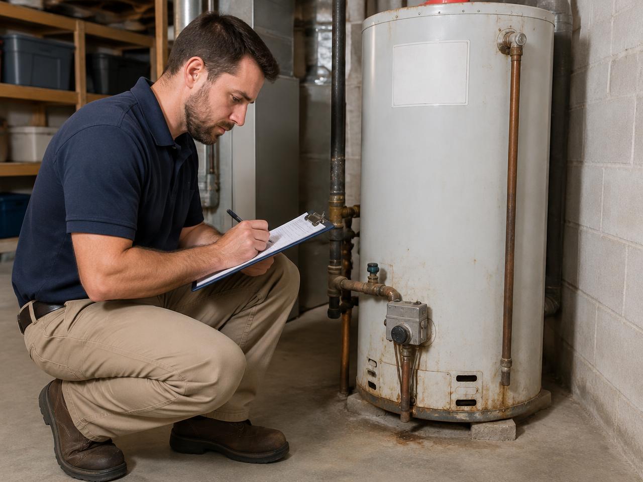 Technician performing a water heater diagnostic on a residential tank in Syracuse, NY