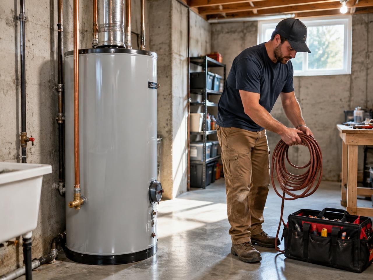 New residential storage tank water heater installed the same day in a Syracuse, NY basement