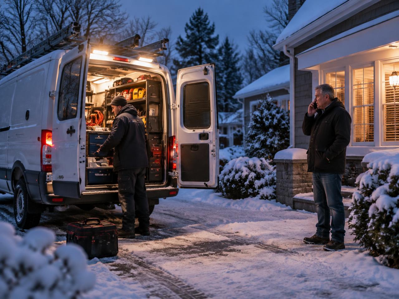 Emergency water heater service call at a Central New York home in the evening