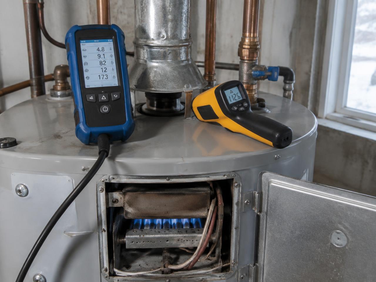 Technician performing a water heater diagnostic on a residential tank in Syracuse, NY