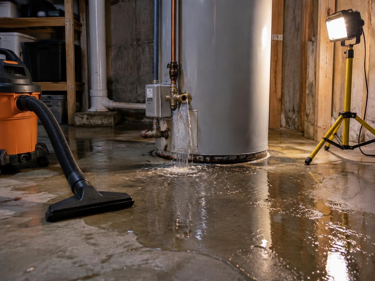 Emergency water heater service call at a Central New York home in the evening