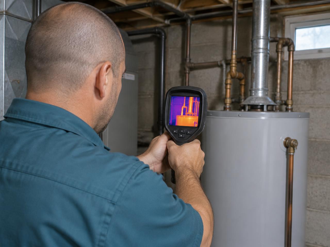 Inspecting the flue and draft hood above a gas water heater