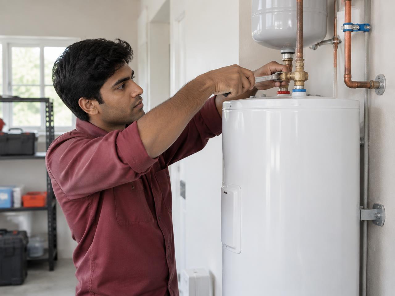 Newly installed residential water heater with clean connections in a Syracuse, NY home
